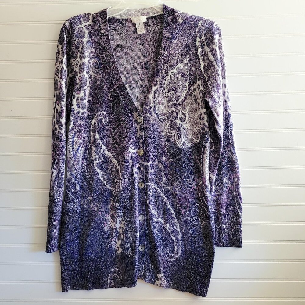 Chicos Cardigan Sweater Womens Purple Print Sparkly V Neck Long Cotton Blend